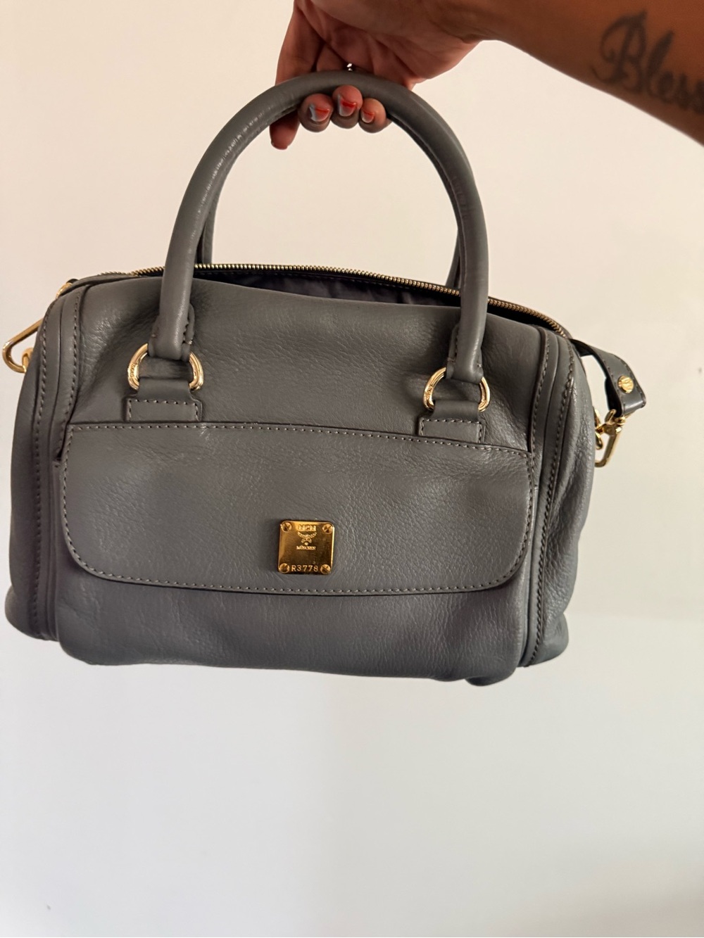 Gray Leather Satchel Handbag with Gold Hardware